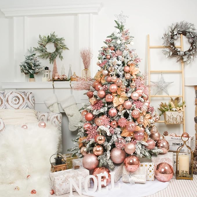 XmasExp 32ct Christmas Ball Ornaments Set -Rose Gold Clear Plastic Shatterproof Xmas Tree Ball Decorations Hanging Baubles for Holiday Decor