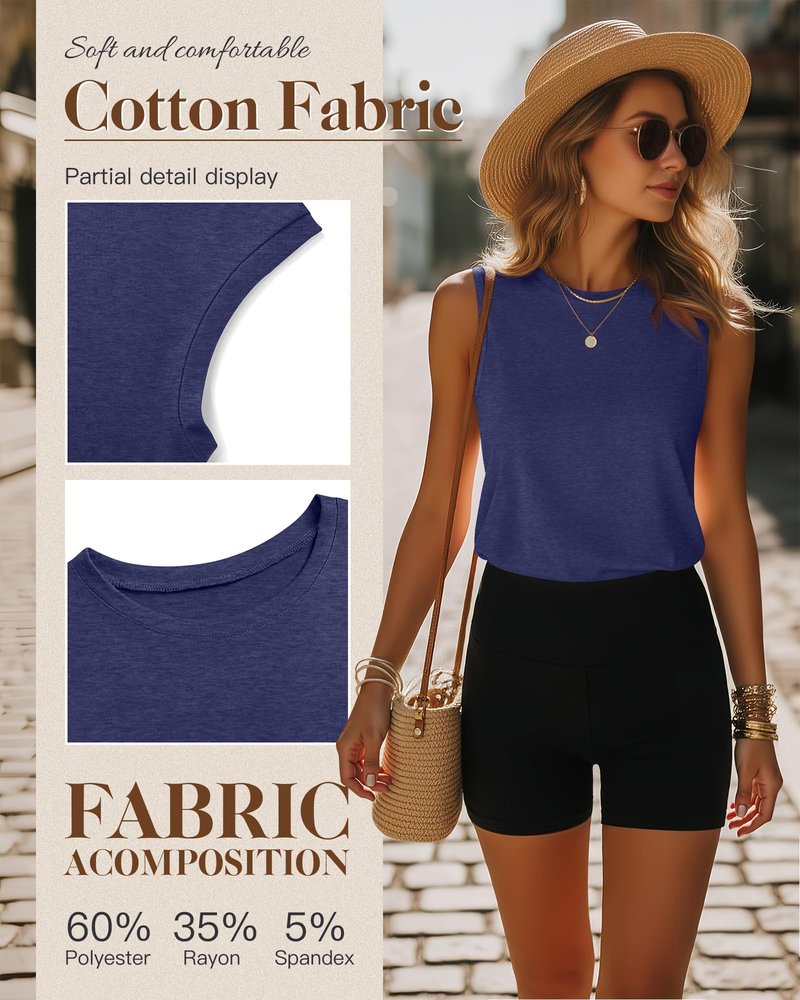 Ficerd 4 Pack Women's Sleeveless Tops, Casual Summer Loose Fit T Shirts Solid Color Tunic Tank Tops Ladies' Crew Neck(Medium,Dark Blue, White, Light Heather Gray, Haze Blue)