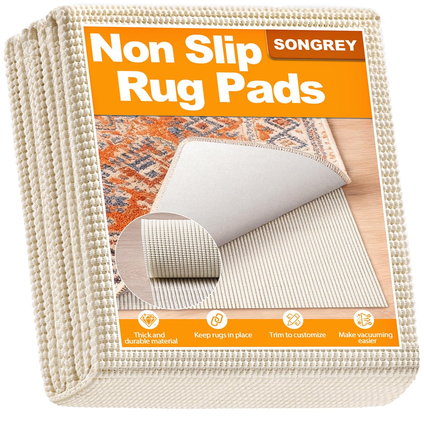 Songrey Non-Slip Rug Pad Gripper 2x3 FT, Extra Thick Carpet Pads for Hard Surfaces, Prevents Sliding and Secures Rugs, Provides Floor Protection with Comfort Cushioning