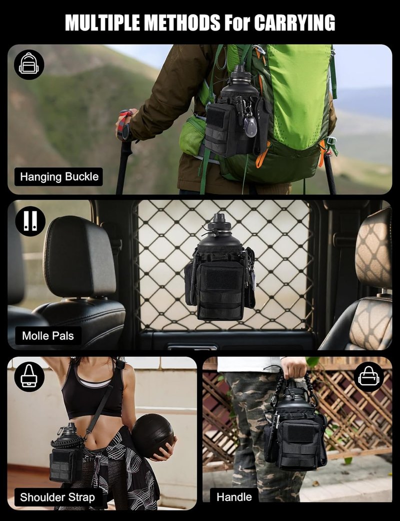 Tactical Half Gallon Water Bottle - 64 Oz Insulated Stainless Steel Jug with Molle Holder & 3 BPA-Free Lids | Black