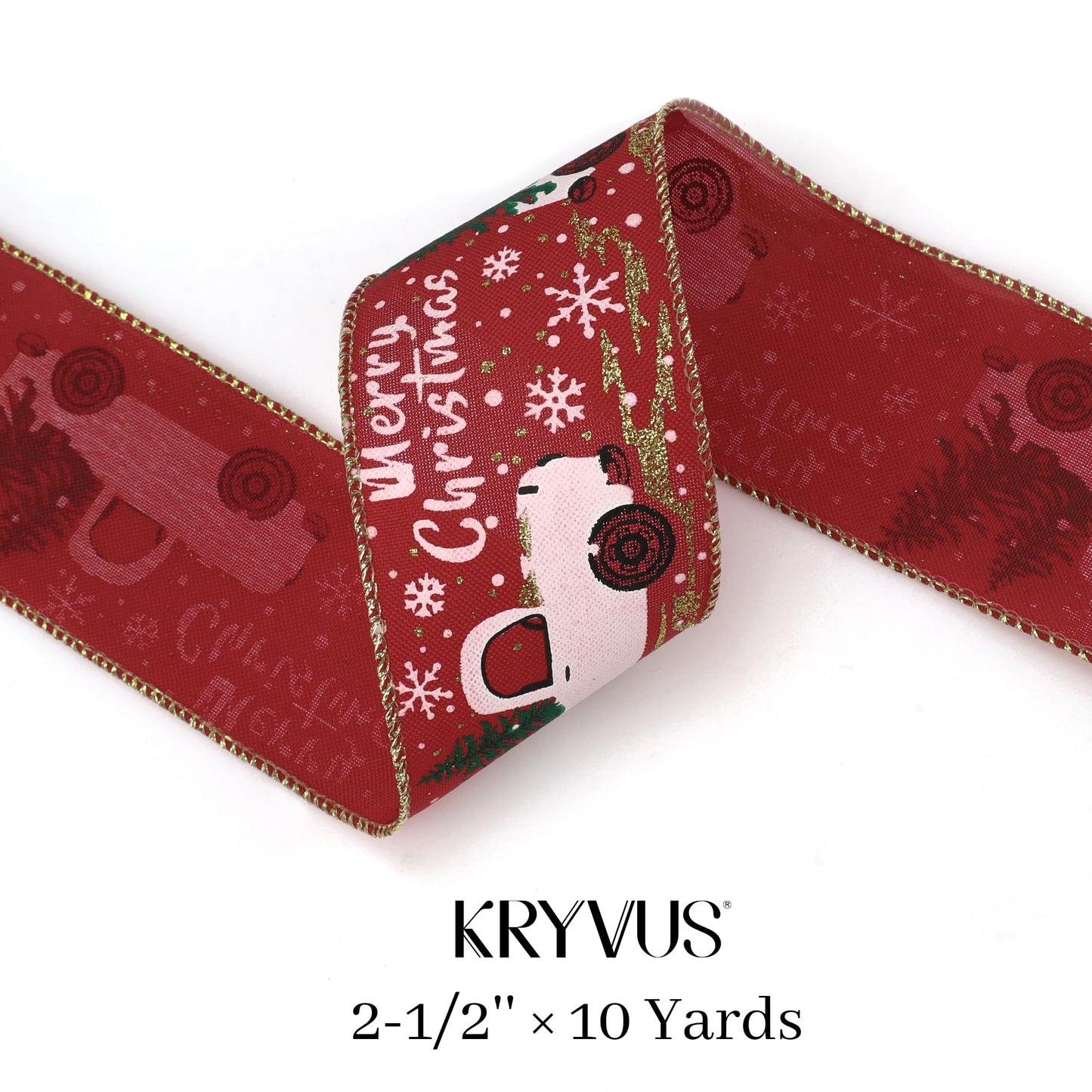 Kryvus Christmas Wired Ribbon, 2.5 Inch x 10 Yards, Red Linen Christmas Ribbon with Gold Wired Edge for Wreaths, Gift Wrapping, Christmas Tree Decorations & Holiday Crafts (Truck/Snow)