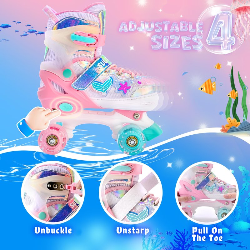 SULIFEEL Roller Skates for Girls Kids with Light Up Wheels, Adjustable 4 Sizes for Little Kids Toddler Beginner Rollerskates