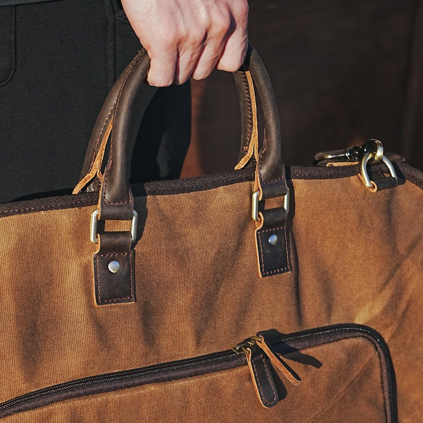 Polare Waxed Canvas Full Grain Leather Trim Garment Carry On Bag for Travel, Foldable Hanging Suitcase Weekender Dust-Proof Garment Waterproof Cover with YKK Zipper and Adjustable Strap