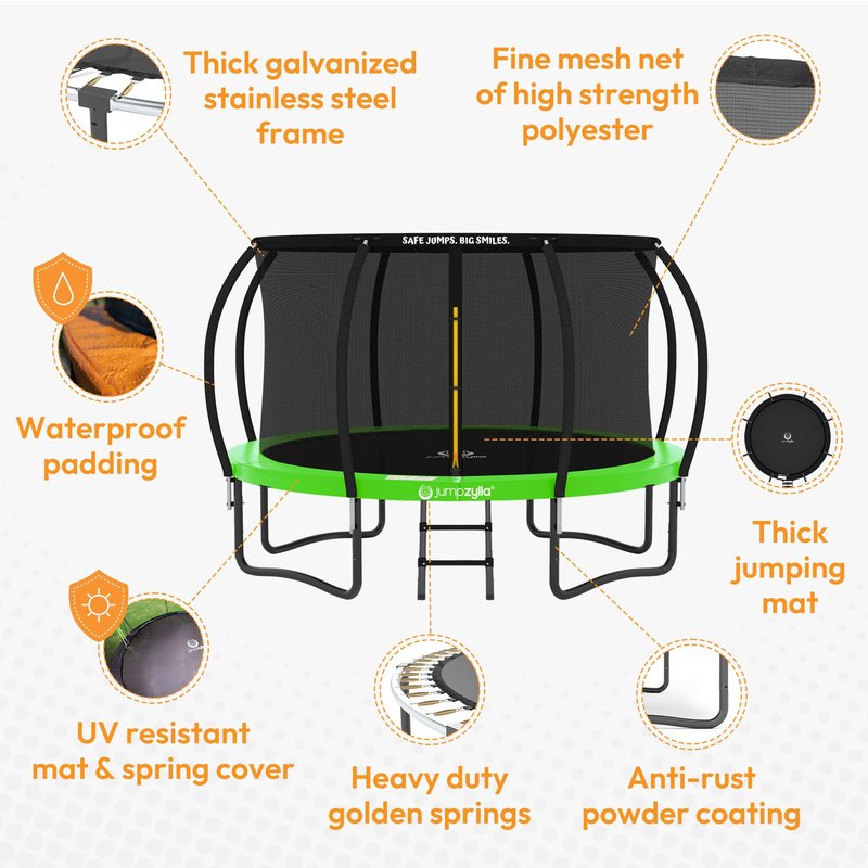 JUMPZYLLA Trampoline Outdoor 8FT 10FT 12FT 14FT 15FT 16FT with Enclosure and Ladder, ASTM Approved Recreational Trampoline for Kids and Adults, Anti-Rust Coated Frame (Green, 8FT)