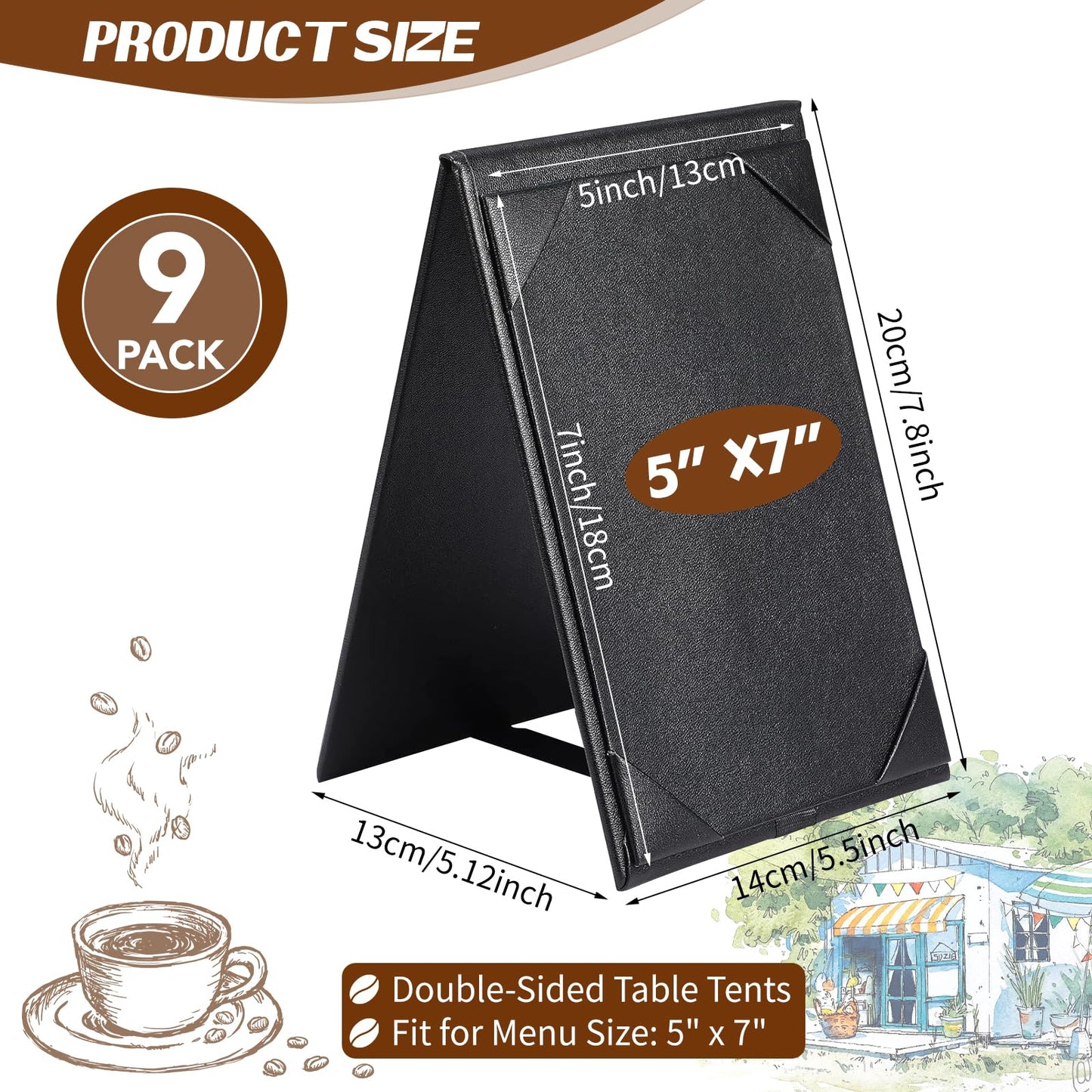 LAIAMER 9 Pack Leatherette Table Tents Black PU Leather Menu Covers Bulk Double Sided A-Frame Sign Holders 2 Side Drink Dessert Menu Folders for Restaurant Coffee Cafe Bar Wedding Supplies
