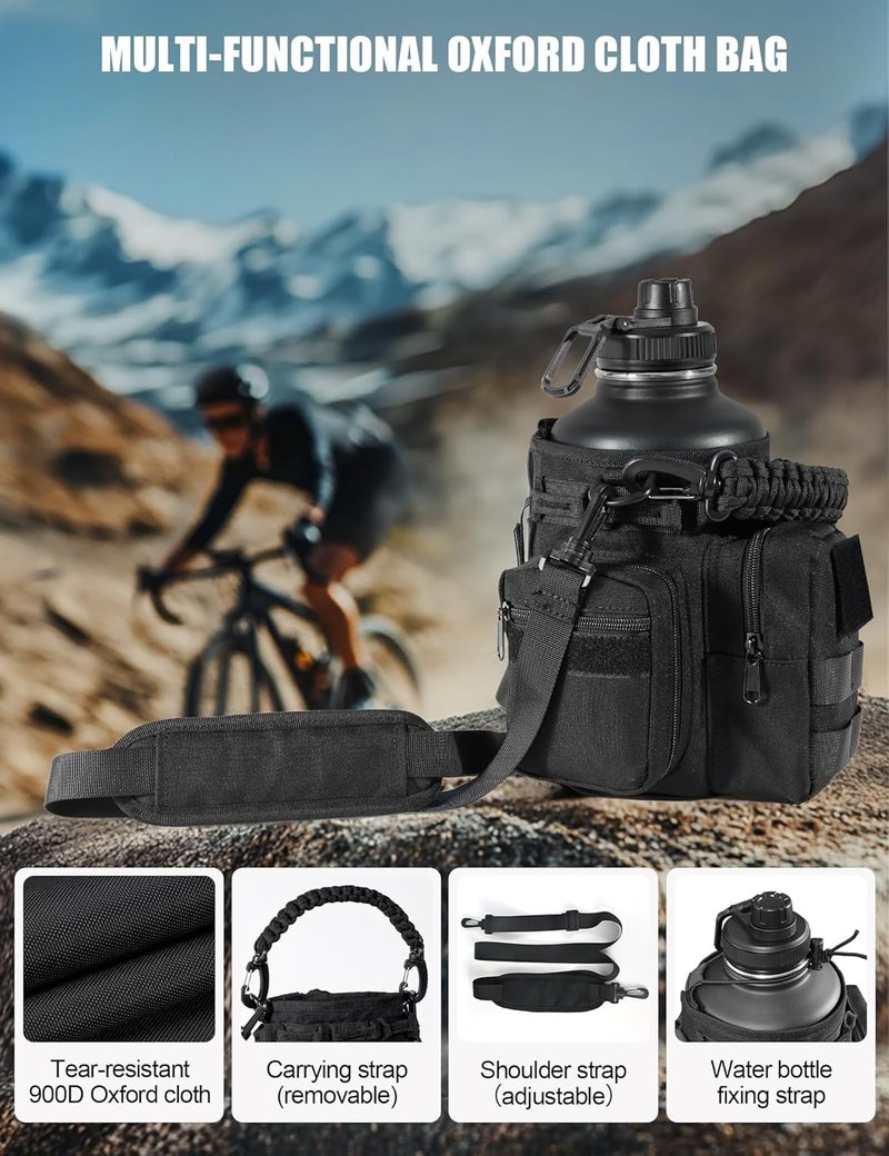 Tactical Half Gallon Water Bottle - 64 Oz Insulated Stainless Steel Jug with Molle Holder & 3 BPA-Free Lids | Black