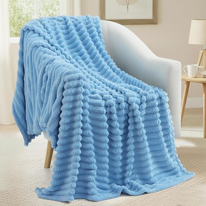 decorUhome Soft Fleece Blue Blanket King Size for Bed, Cozy Fluffy Plush Flannel Large Striped Throws for Couch Sofa, Lightweight Decorative Fuzzy Blanket for Woman, 108x90 Inches