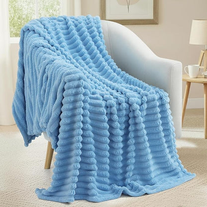decorUhome Soft Fleece Blue Blanket King Size for Bed, Cozy Fluffy Plush Flannel Large Striped Throws for Couch Sofa, Lightweight Decorative Fuzzy Blanket for Woman, 108x90 Inches