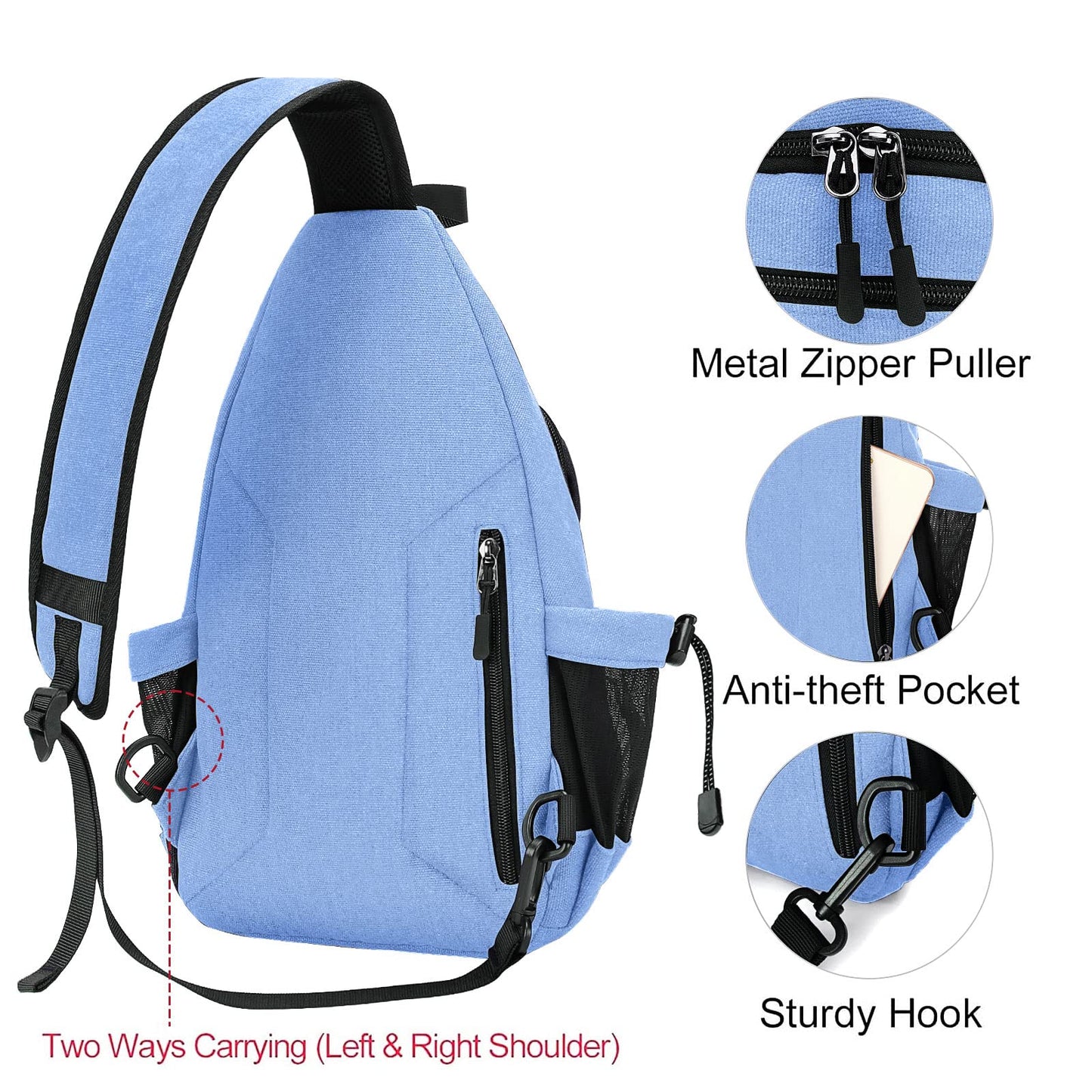MOSISO Sling Backpack,Canvas Crossbody Hiking Daypack Bag with Anti-theft Pocket, Air Blue