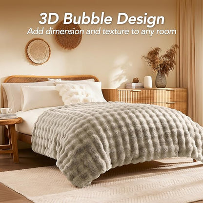 L'AGRATY Faux Rabbit Fur Blanket: 50" x 60" Luxury Soft Fluffy Thick Fur Throw Blanket for Couch Bed Sofa - Cozy Plush Bubble Blankets for Winter: Warm Flannel Fleece Decorative Blanket(Castle Grey)