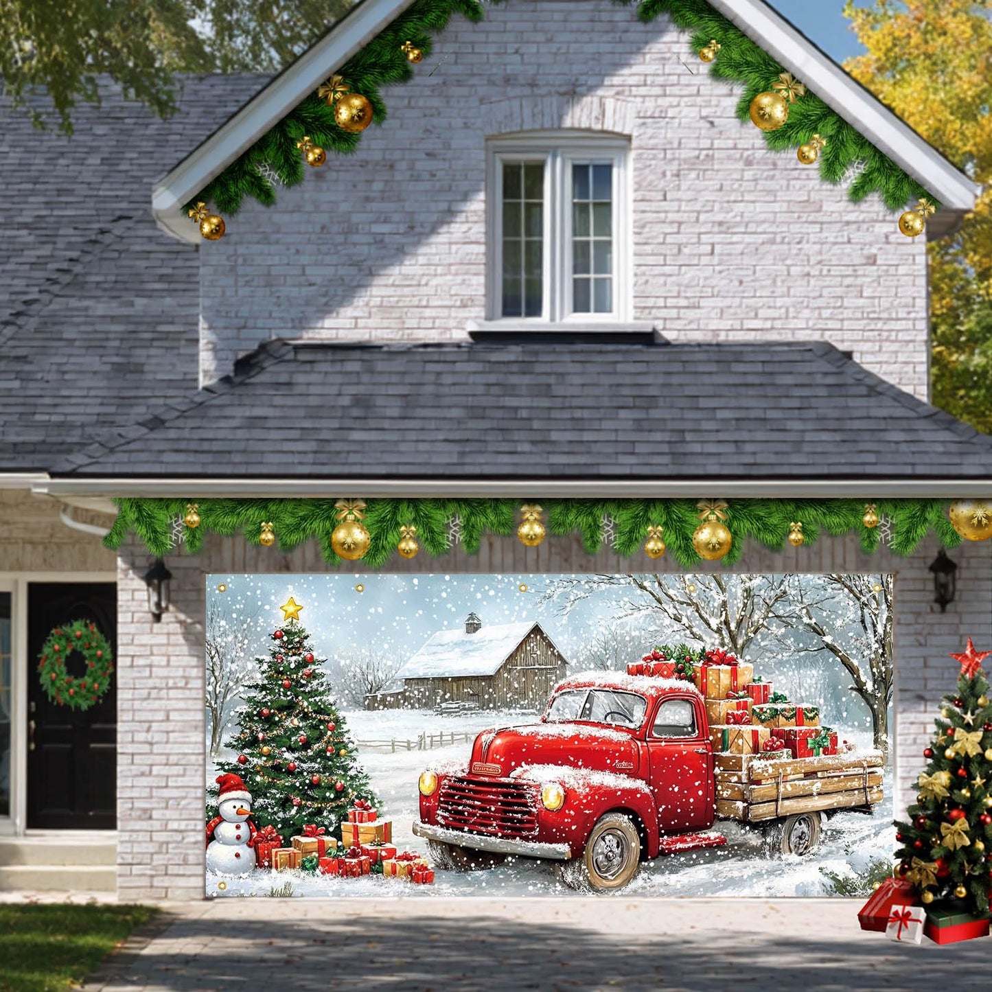 HOMETITUTE Christmas Garage Door Banner 13x6ft Red Truck Christmas Tree Snowman Barn Theme Backdrop Banners for Outside Inside Winter Door Cover Garage Wall Covering for Party Garage Decorations