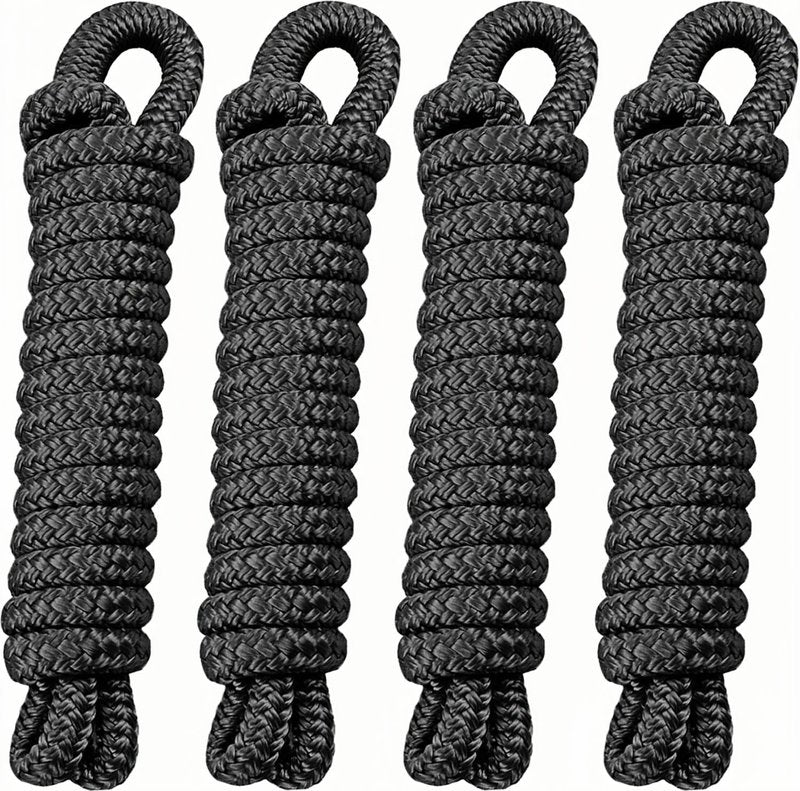 PACTHSD 4 Pack 3/8 Inch x 10 ft Boat Fender Lines - Marine Grade Nylon Boat Rope with 6" Loop for Tying Fenders and Docking - Double Braided Dock Lines, Easy Handling, Fray Resistant, Black