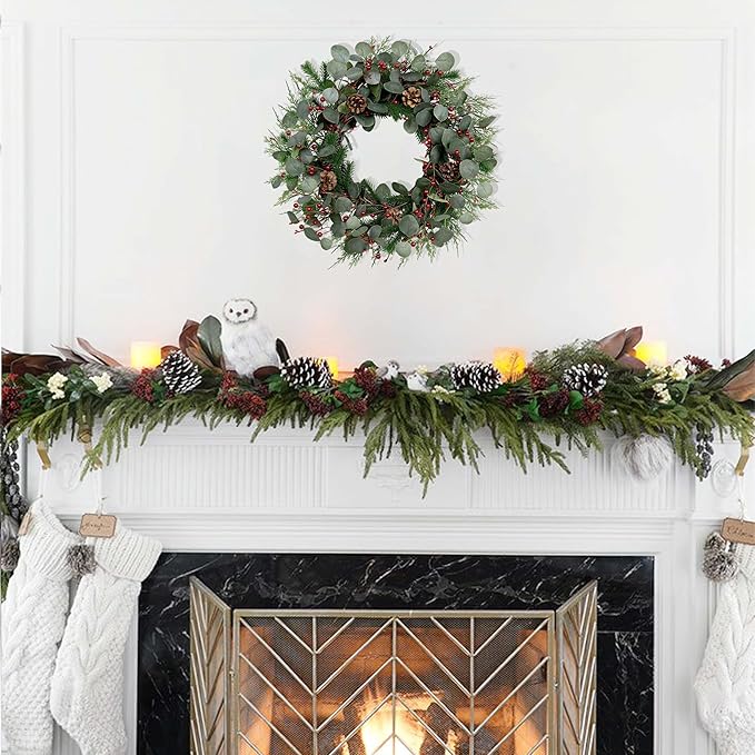 Christmas Wreath 24inch Christmas Wreaths for Front Door Xmas Red Berry Wreath with Eucalyptus Leaves Pine Cones Red Berries for Wall Window Indoor Outdoor Winter Decorations