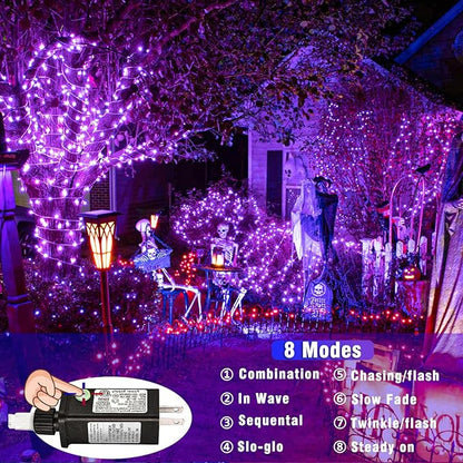 Vivideal 100 LED String Lights Outdoor Waterproof 33ft Purple String Lights Clear Wire with 8 Modes Plug in Purple Christmas Light for Tree Party Christmas Decorations
