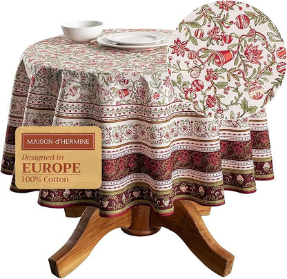 Maison d' Hermine Table Cloth Round Table 100% Cotton 63 Inches Fall Tablecloth Reusable Everyday Use for Thanksgiving Christmas Decorations Dining Farmhouse Party (Reveillon Au Jardin)