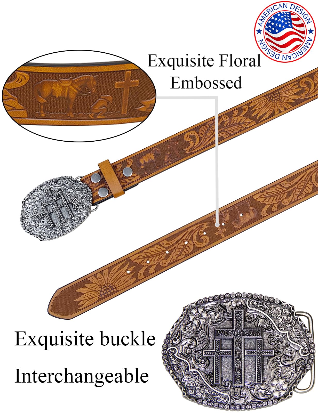 TOPACC Western Belts for Woman Men Cross Belt Buckle Cowgirl Cowboy Brown Leather Country Belt for Jeans Pants