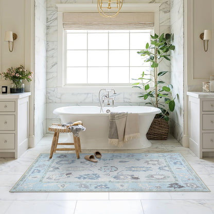 Fame Living Cream Blue Oushak Rug, Modern, Vintage, Turkish, Eclectic, Floral, Pastel, Washable, Large Area Rugs for Living Room, Dining, Bedroom, Girls, Boys, 7'5"x9'8"