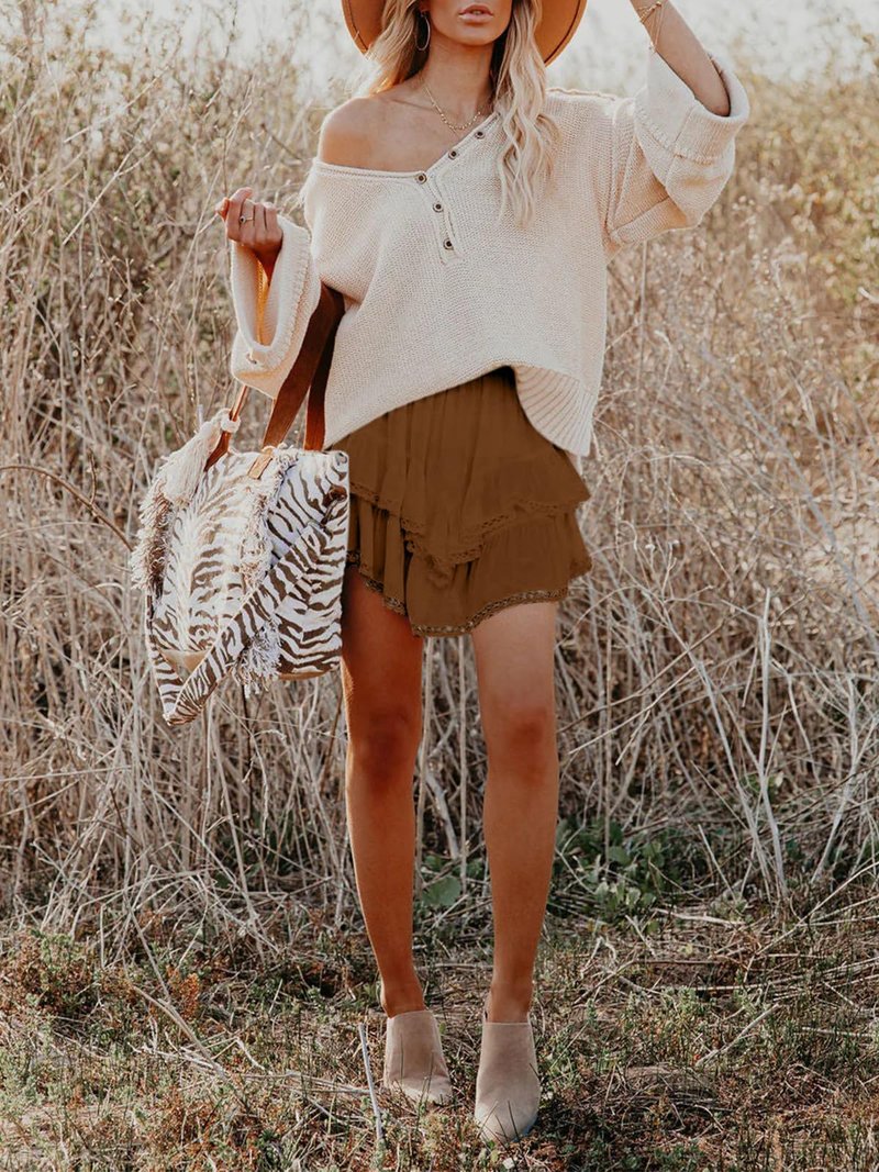 Aoudery Flowy Shorts for Women Casual Boho Ruffle Tiered Skorts High Waist Mini Skirts Golf Tennis Butterfly Crochet Shorts - Brown XL