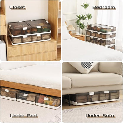 Under Bed Storage Containers with Wheels - Stackable, Foldable Plastic Storage Boxes with Lids for Clothes, Shoes, Blankets - Perfect for Bedroom Organization and Dorms (1 Pack-32.9''x16.1''x8.1'')