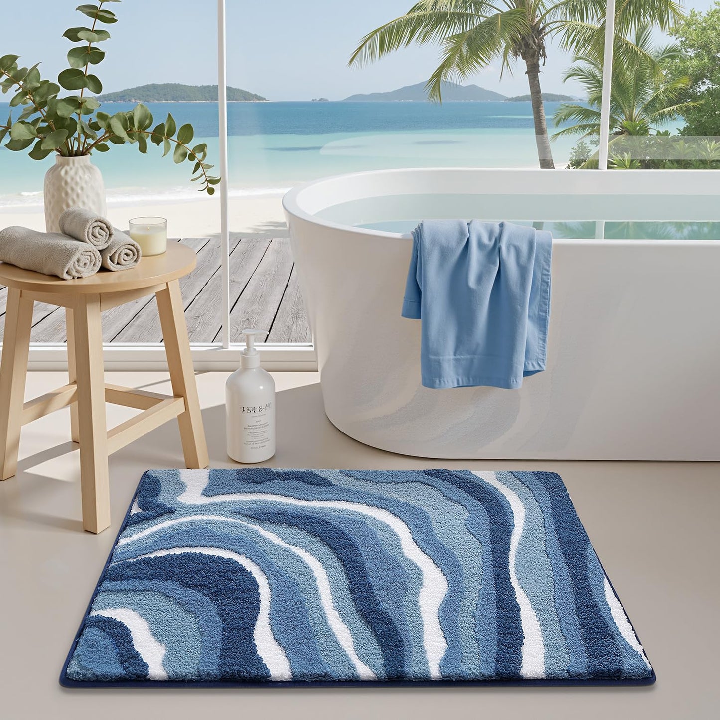 LUMI Absorbent Bathroom Rug Non Slip Rubber Backing, Machine Washable Wave Bath Mat Soft Premium Microfiber, Beach Bath Rugs Quick Dry for Bathtub and Shower Floor, 16"x24"