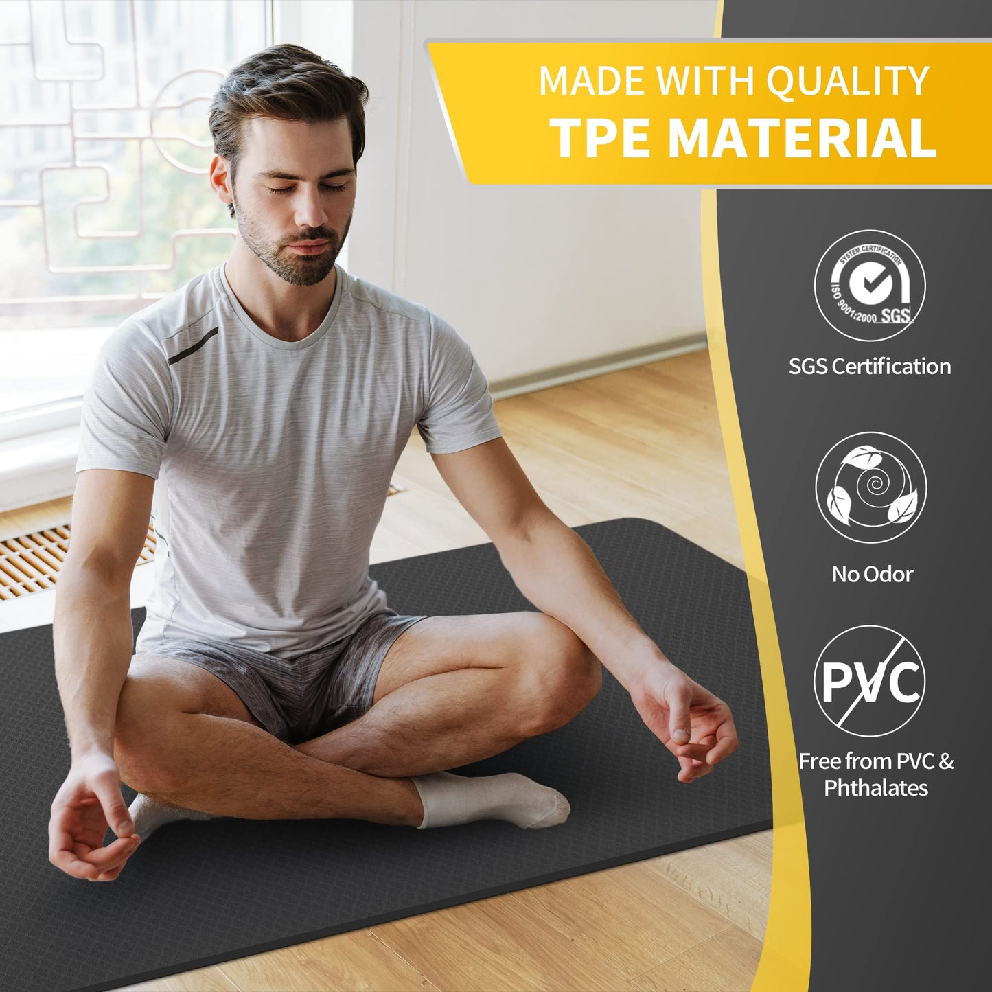CAMBIVO Extra Wide Yoga Mat 72"x32" - 6mm Thick TPE Non Slip Exercise Fitness Mat, Large Workout Mat for Yoga Pilates Stretching, Anti-Slip Gym Mat for Tall Men Women & Beginners (6mm, Dark Black)