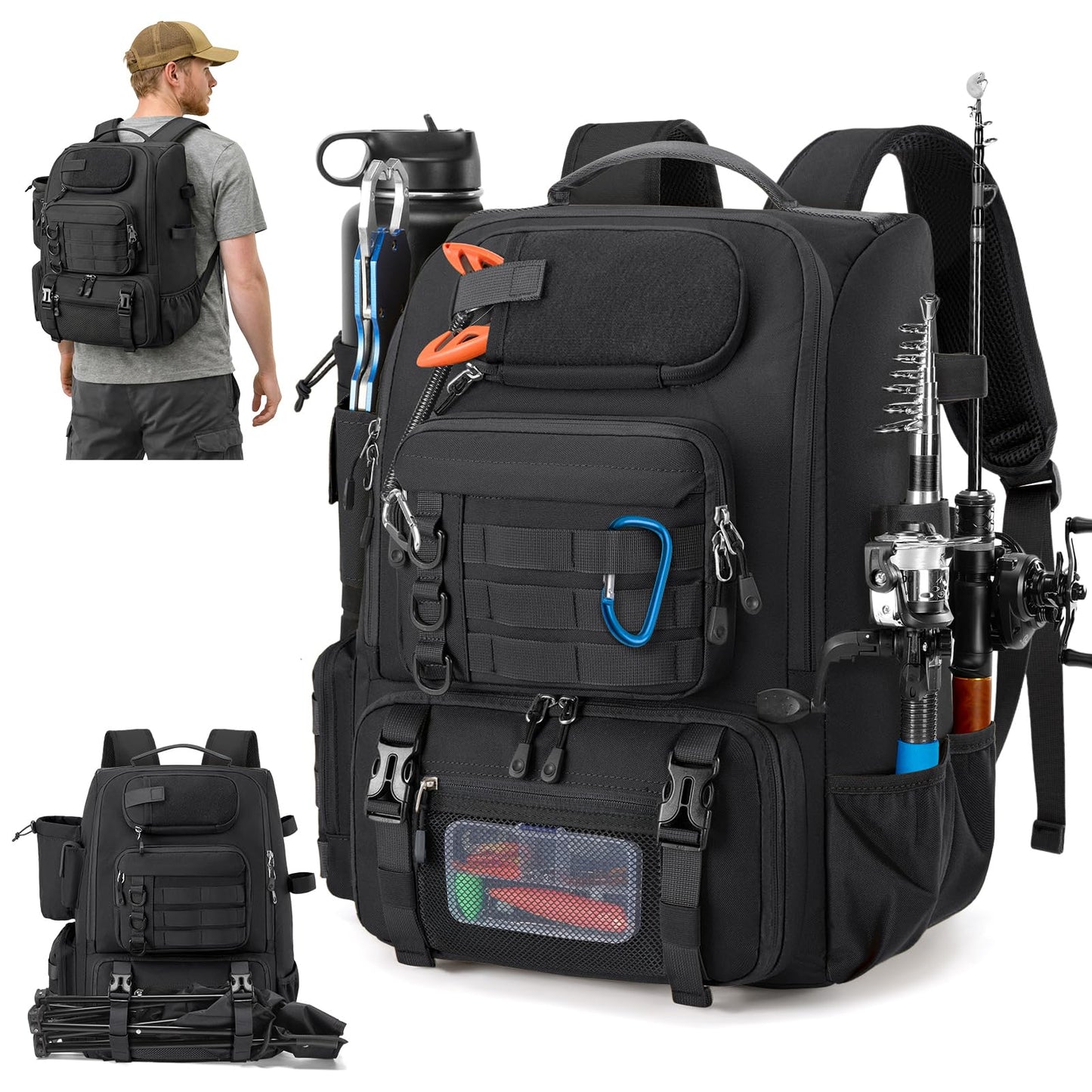 RAINSMORE 40L Fishing Backpack with Rod Holders & Cooler Compartment Water-Resistant Fishing Tackle Backpack with Rain Cover, Fits 4 x 3600 Boxes, Outdoor Gear Pack for Fishing & Camping
