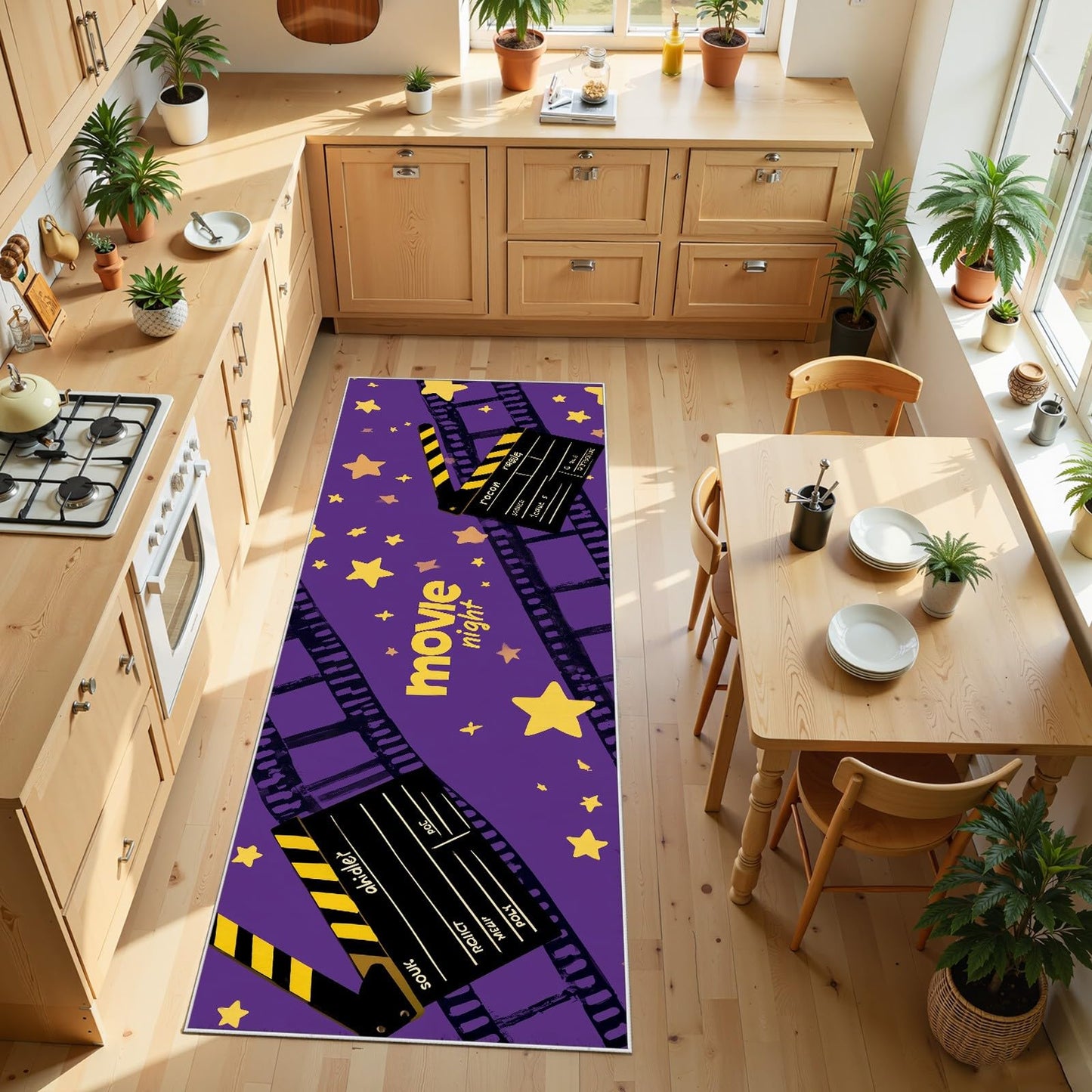 Retro Home Theater Runner Rug 2x6ft Black Clapboard & Film Reel Pattern, Non-Slip Movie Theater Carpet for Hallway, Kitchen, Playroom, Nursery, Farmhouse Decor