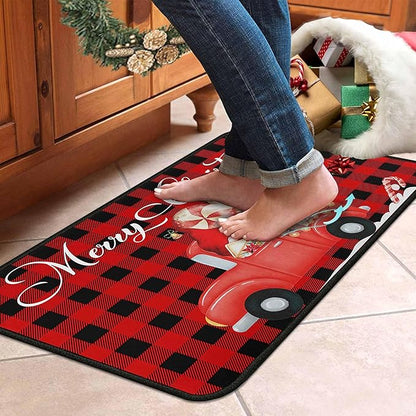 Buffalo Plaid Red Truck Christmas Kitchen Rugs 2 PCS, Merry Christmas Kitchen Rug, Non Skid Washable Soft Comfort Kitchen Rugs Set (17"x47"+17"x30",Merry Christmas)