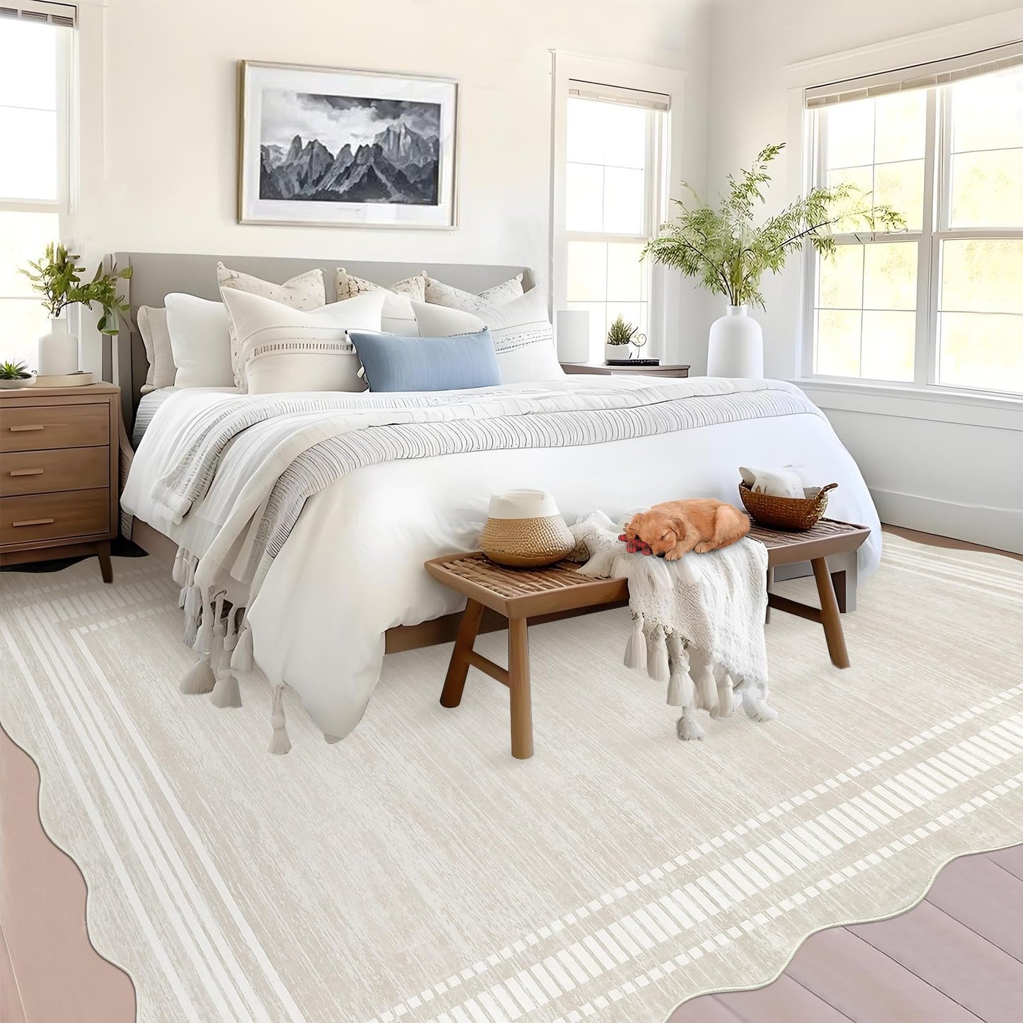 Garvee Scalloped Modern Abstract Area Rug 8x10 Washable Rug for Living Room, Non-Slip Soft Carpet for Bedroom, Scalloped Low-Pile Solid Print Accent Rug for Dining Room Home Office, Beige