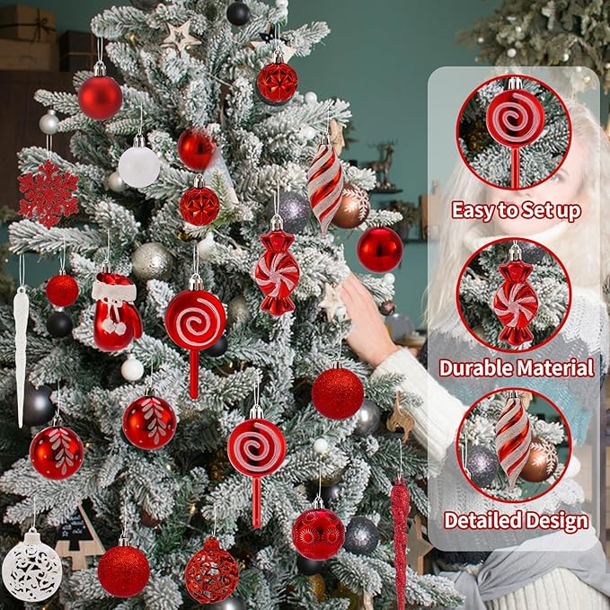 Shatterproof Christmas Ball Ornaments Set, 130 Pack Christmas Tree Decorations, Assorted Hanging Christmas Balls Bulk for Holiday Indoor Outdoor Xmas Party Decor (130 Red)