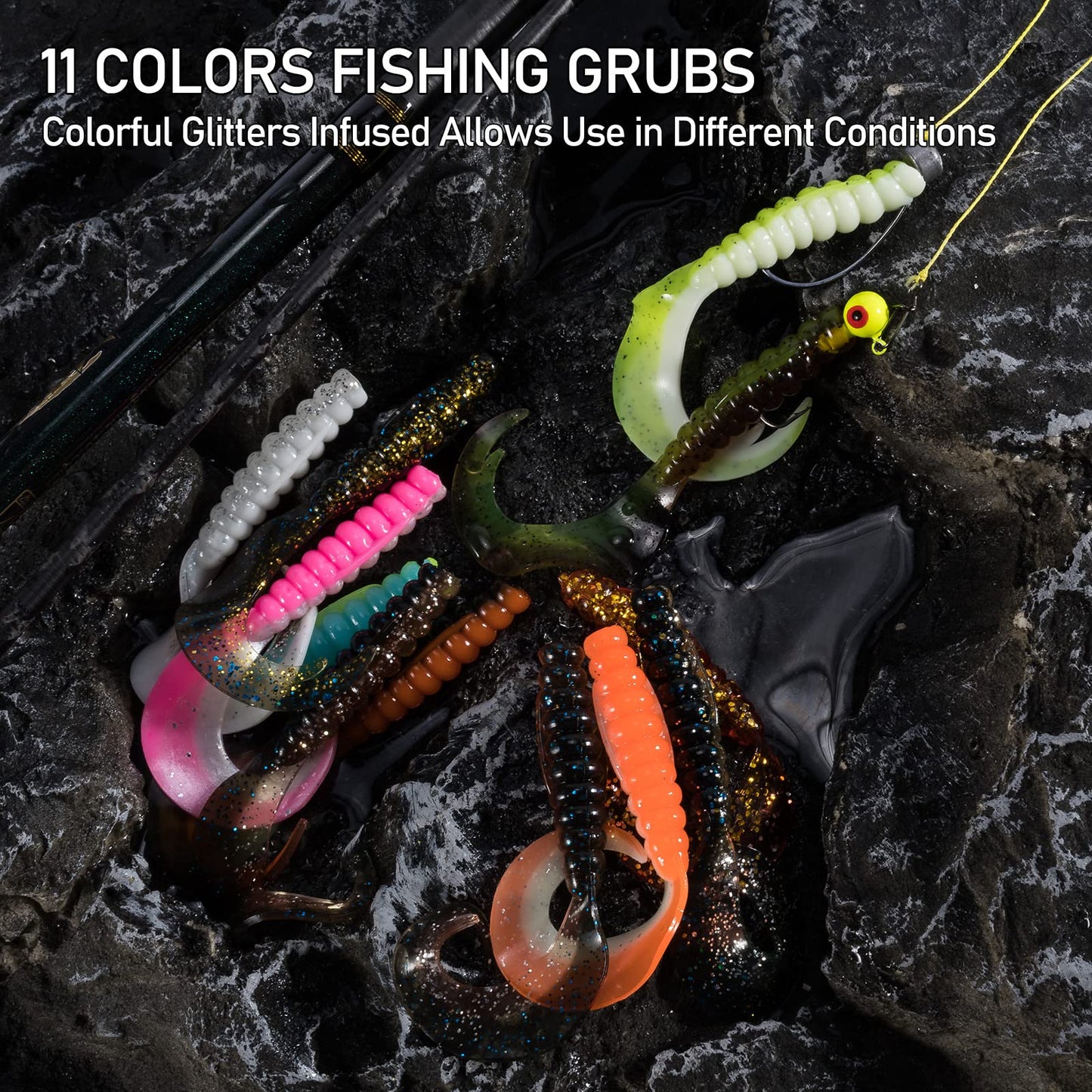 Dr.Fish 15 Pack Grub Soft Fishing Lures, 2.2 inch Soft Plastic Baits Worm Swimbaits Ribbon Tail Shad Bait for Freshwater Bass Fishing Lures Crappie Walleye Panfish Yellow and White