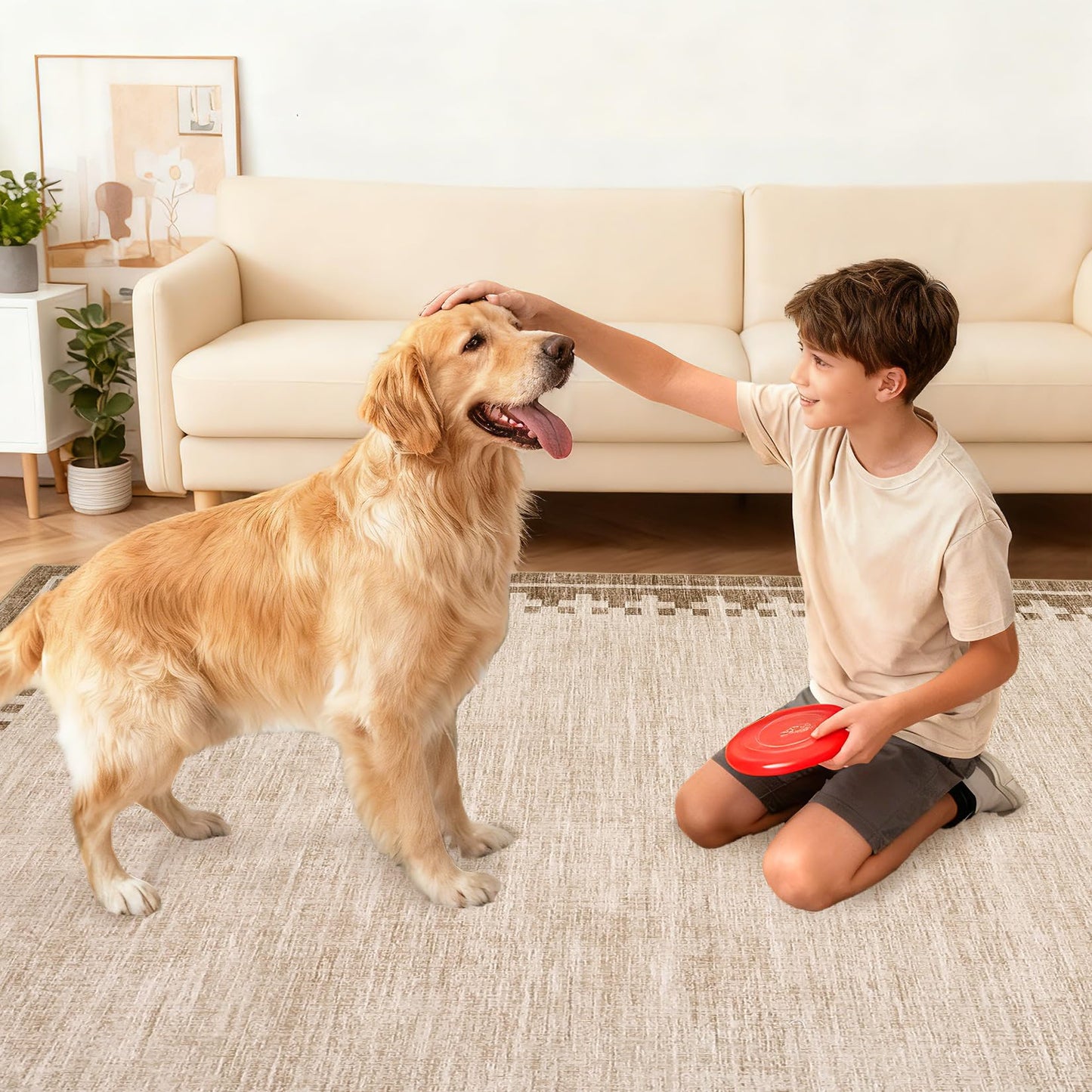 GarveeHome Neutral Bedroom Area Rugs 4x6 Washable Living Room Rugs Non Slip Stain Resistant Modern Border Throw Carpet Cross Pattern Geometric Low Pile Indoor Rugs for Dining Room Nursery Dorm, Beige