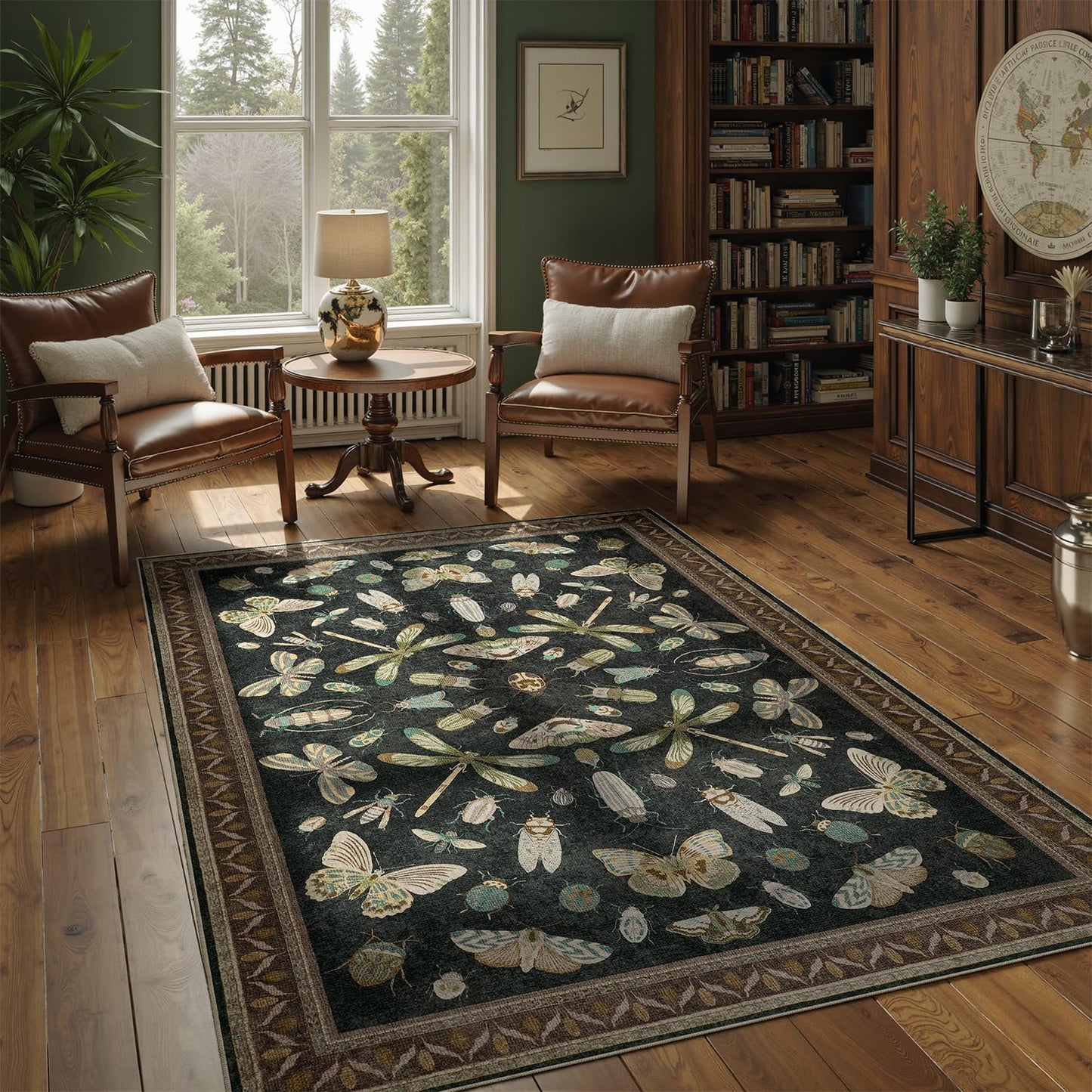 DCX Black 5x7 Washable Bug Rug, Botanical Insect Rug with Non-Slip Rubber Backing, Soft Low-Pile, Stain-Resistant, Kid & Pet Friendly, for Living Room, Bedroom, Office, and Nature-Themed Decor