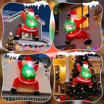 6FT Christmas Inflatable Outdoor Decorations Hanging Santa Built-in Bright LEDs, Blow Up Climbing Santa Claus with Gifts Bag, Giant Christmas Decor for Window Wall Outdoor Xmas Holiday Party Lawn