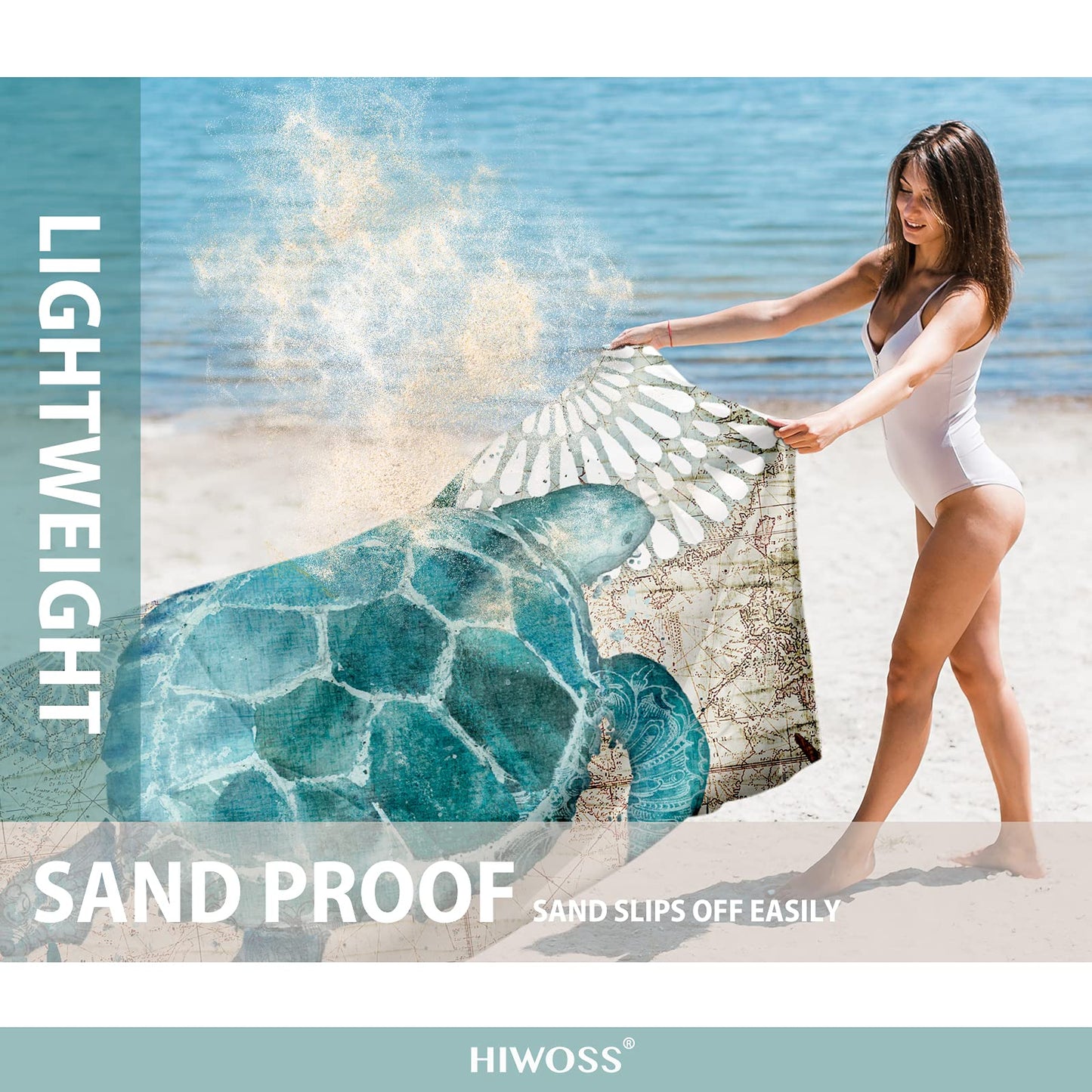 Hiwoss Beach Blanket Waterproof Sandproof Oversized 95”x 80”,Sand Free Beach Mat with Corner Pockets,Portable Mesh Bag for Beach Festival,Picnic,Travel and Outdoor Camping (Seaturtle)