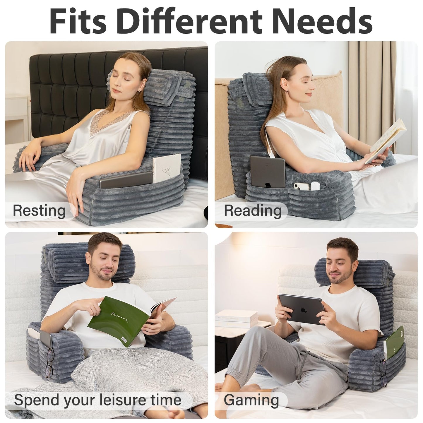 ENITYA 22" XL Back Pillow for Bed Sitting Up, Reading Pillow with Armrests & Big Pockets, Soft Back Support Chair, Ideal for Watching TV, Gaming, Nursing, Resting, Post Surgery, Dark Grey
