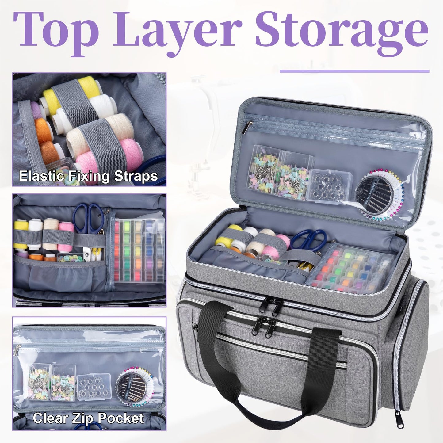 Anitor Large Sewing Supplies Organizer, Double Layer Sewing Storage Organizer with Two Detachable Dividers, Travel Sewing Bag Organizer with Shoulder Strap for Accessories, Gray, (Bag Only)