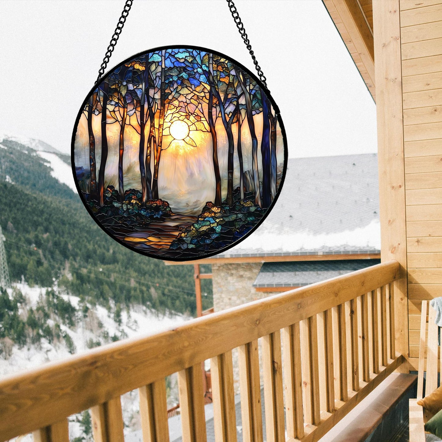 DASTOLL Stained Glass Window Hanging, Forest Sunrise Smoke Blue Brown Tree Suncatcher for Doors Window Home Landscape Sun Catchers Decor Mother's Day Birthday Gifts for Women, Men Mom 7.8 in