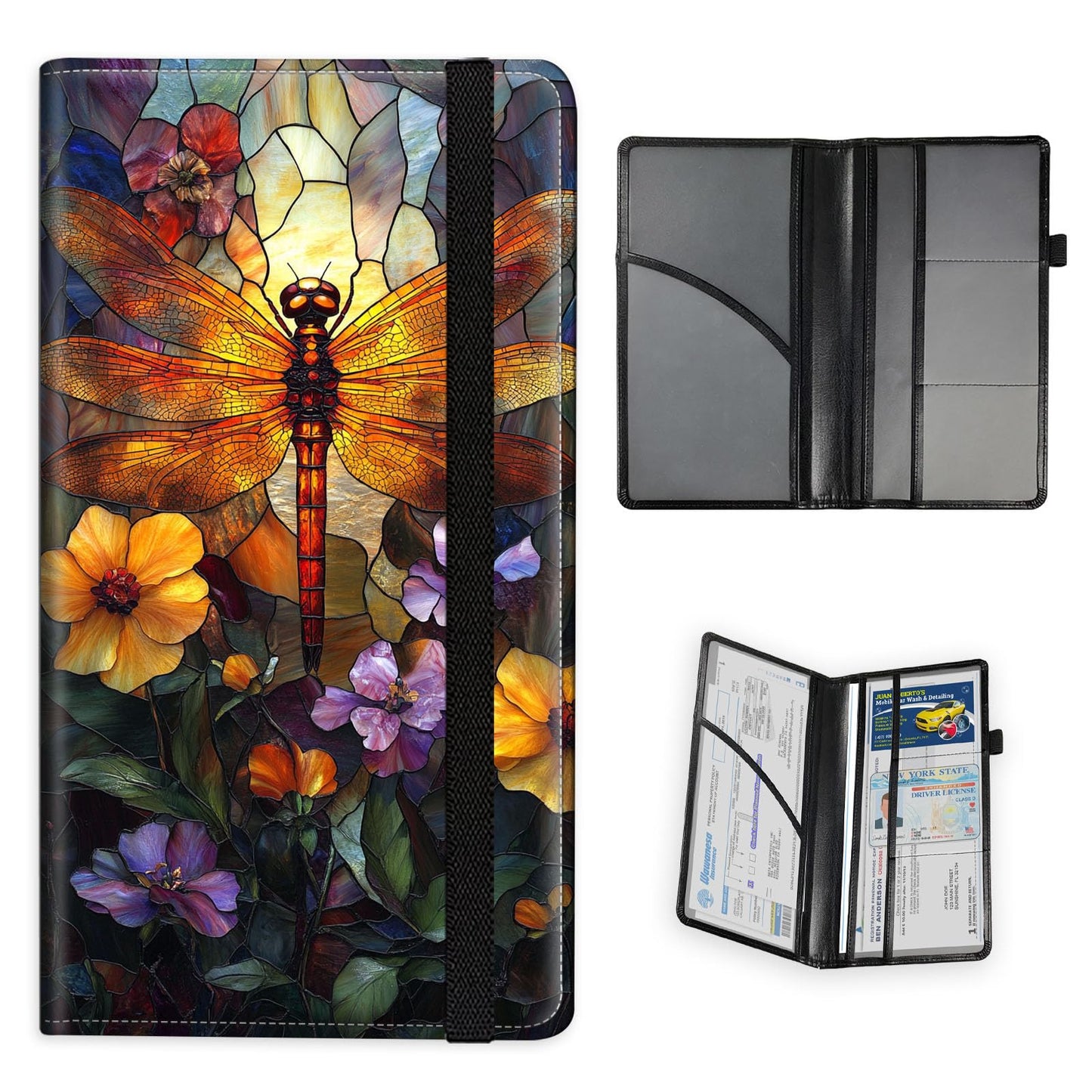 FXIANGWL Car Registration and Insurance Holder - RFID Blocking PU Leather Vehicle Document Organizer with Reinforced Stitched Edges, Slim Glove Box Wallet for Men Women, Dragonfly Stained Glass
