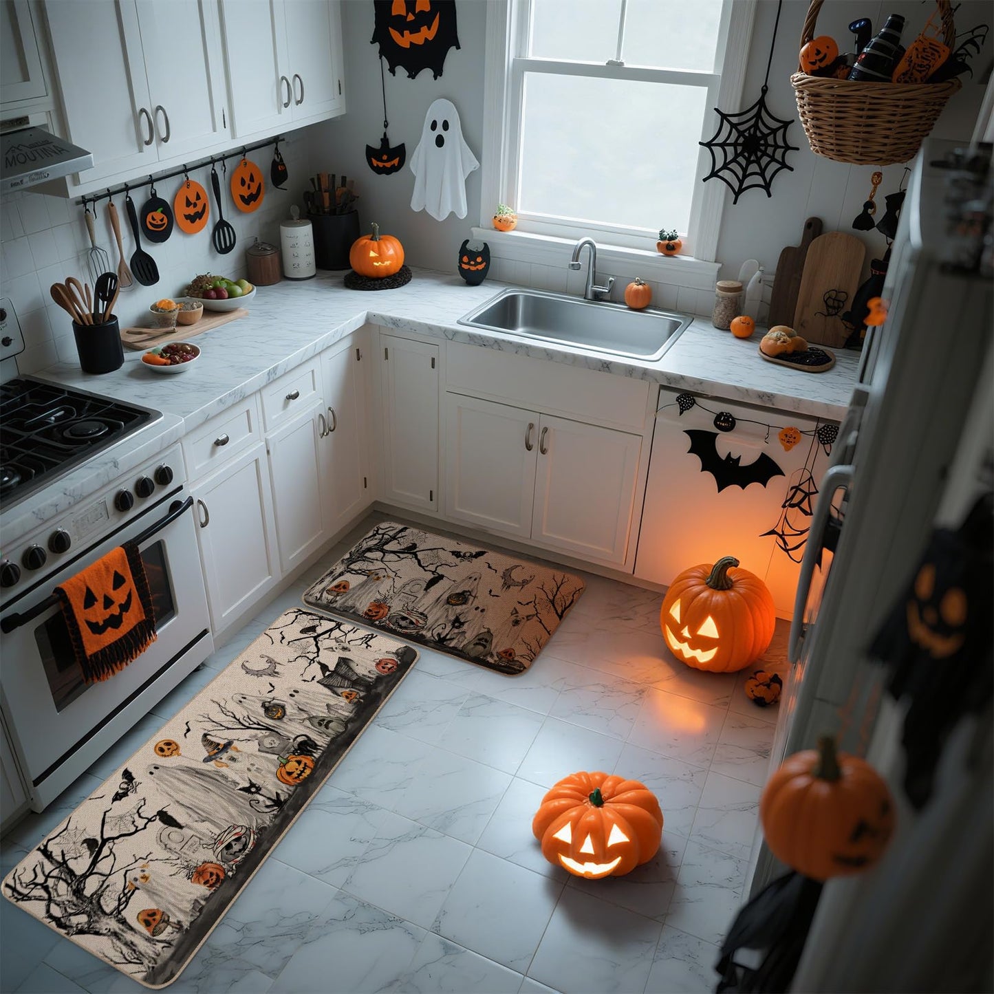 Moutina Halloween Boo Dog Ghost Decorative Kitchen Rugs Set of 2, Halloween Holiday Party Home Decor Low-Profile Kitchen Mats for Floor - 17x29 and 17x47 Inch