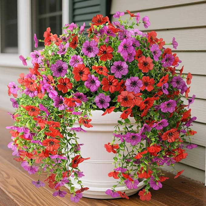 Artificial Fake Flowers Plants for Outdoor Spring Summer Decoration, 2PCS Faux Daisy Silk Flower Outside No Fade UV Resistant Realistic Home Decor for Porch Patio Balcony Window Box(Red Purple)