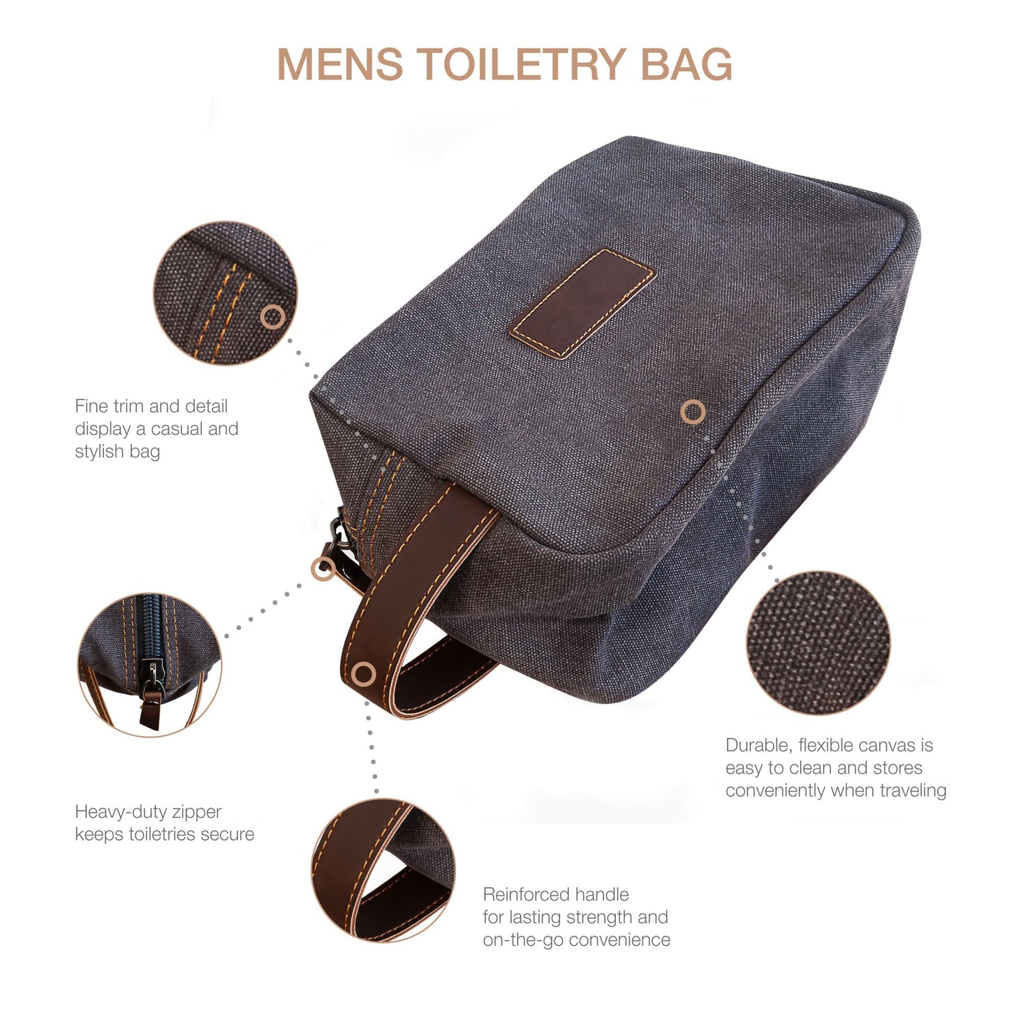 Eurow Luxe Mens Premium Canvas Toiletry Bag With Faux Leather Handstrap For Travel, Organize Bath Supplies, Grooming & Shaving Kits, Personal Hygiene, Travel Essentials, Gray