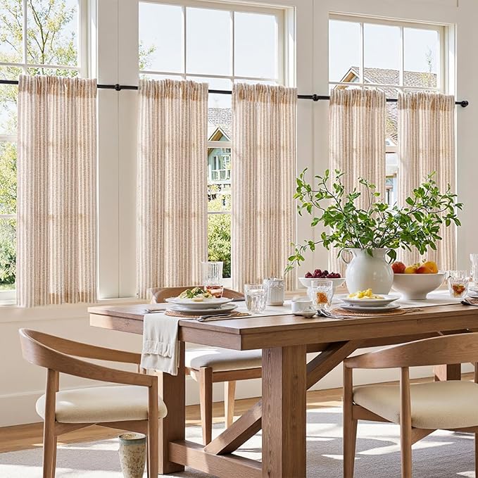 jinchan Striped Linen Kitchen Curtains 45 Inches Length Tier Curtains Farmhouse Modern Cafe Style Small Window Treatments Airy Light Filtering Rod Pocket for Living Room Bathroom 2 Panels Tan
