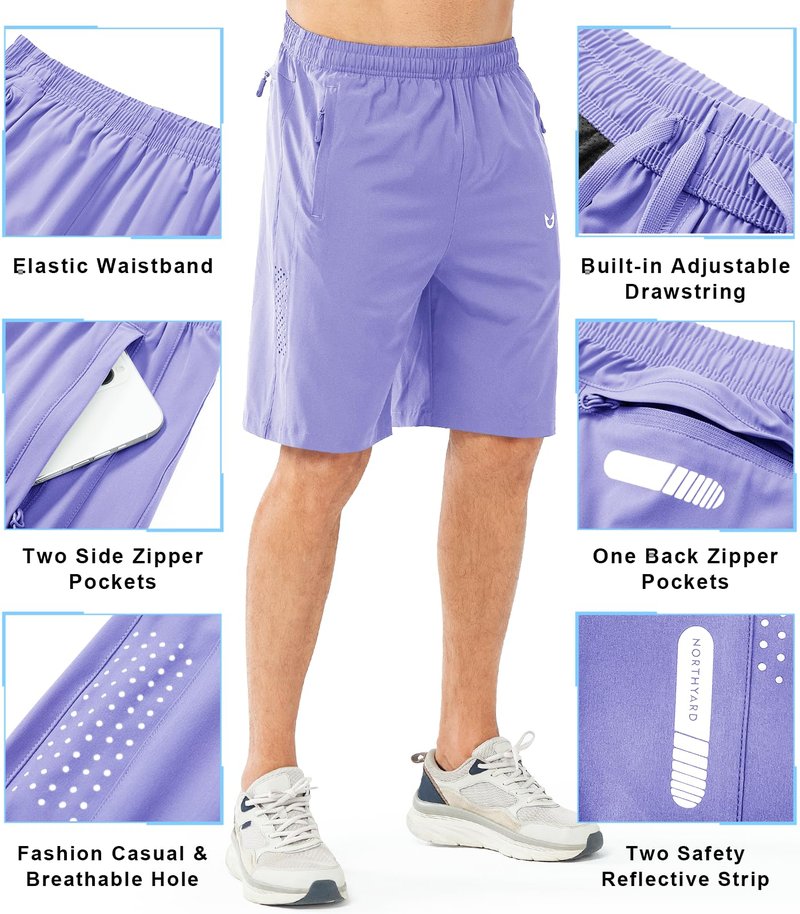 NORTHYARD Men's Athletic Running Shorts Gym Workout 7"/9"/5" Quick Dry Lightweight Sports Basketball Tennis 3 Zipper Pockets VIOLET-9inch XL
