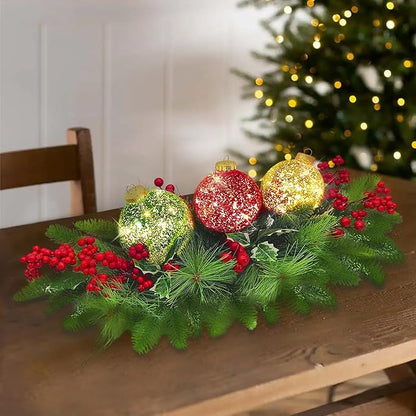 Christmas Centerpiece Table Decorations, Includes 3 LED Baubles Artificial Red Berries and Pine Cones Xmas Candelabrum for Dinning Room, Table, Fireplace, Mantel Decoration