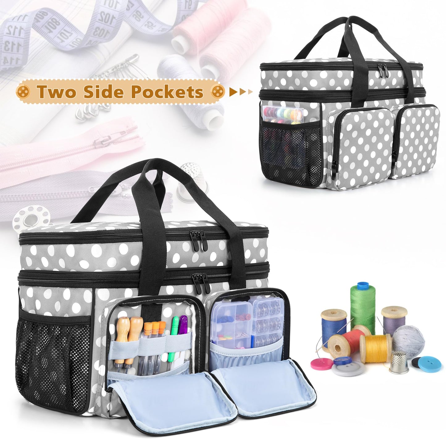BAFASO Large Sewing Organizer Bag with an Individual Pouch and Detachable Dividers, 2 Layers Sewing Storage Bag for Sewing Supplies(Bag Only), Polka Dots