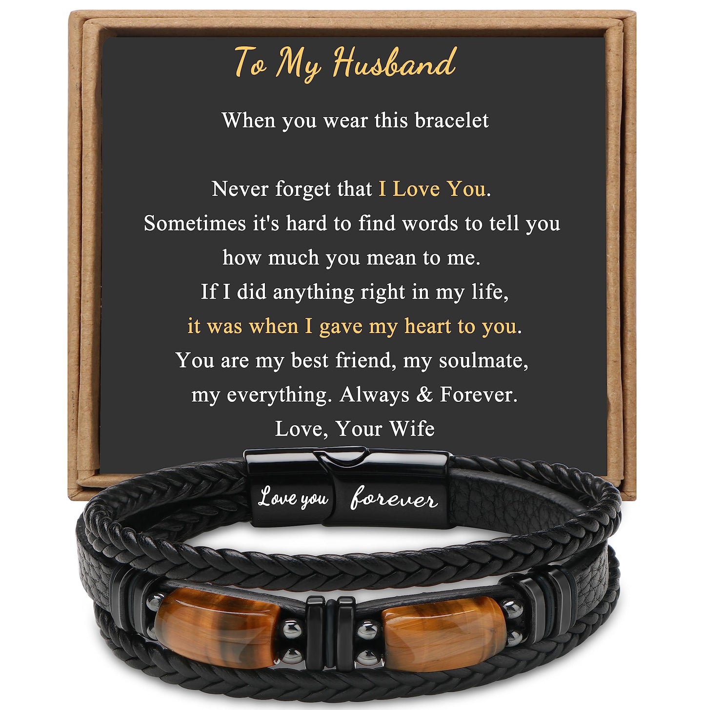 JoycuFF Gifts for Husband from Wife Leather Bracelets for Husband 2 Tiger Eye Stone Anniversary Birthday Love You Forever Mens Black Layered Braided Cuff Bracelet