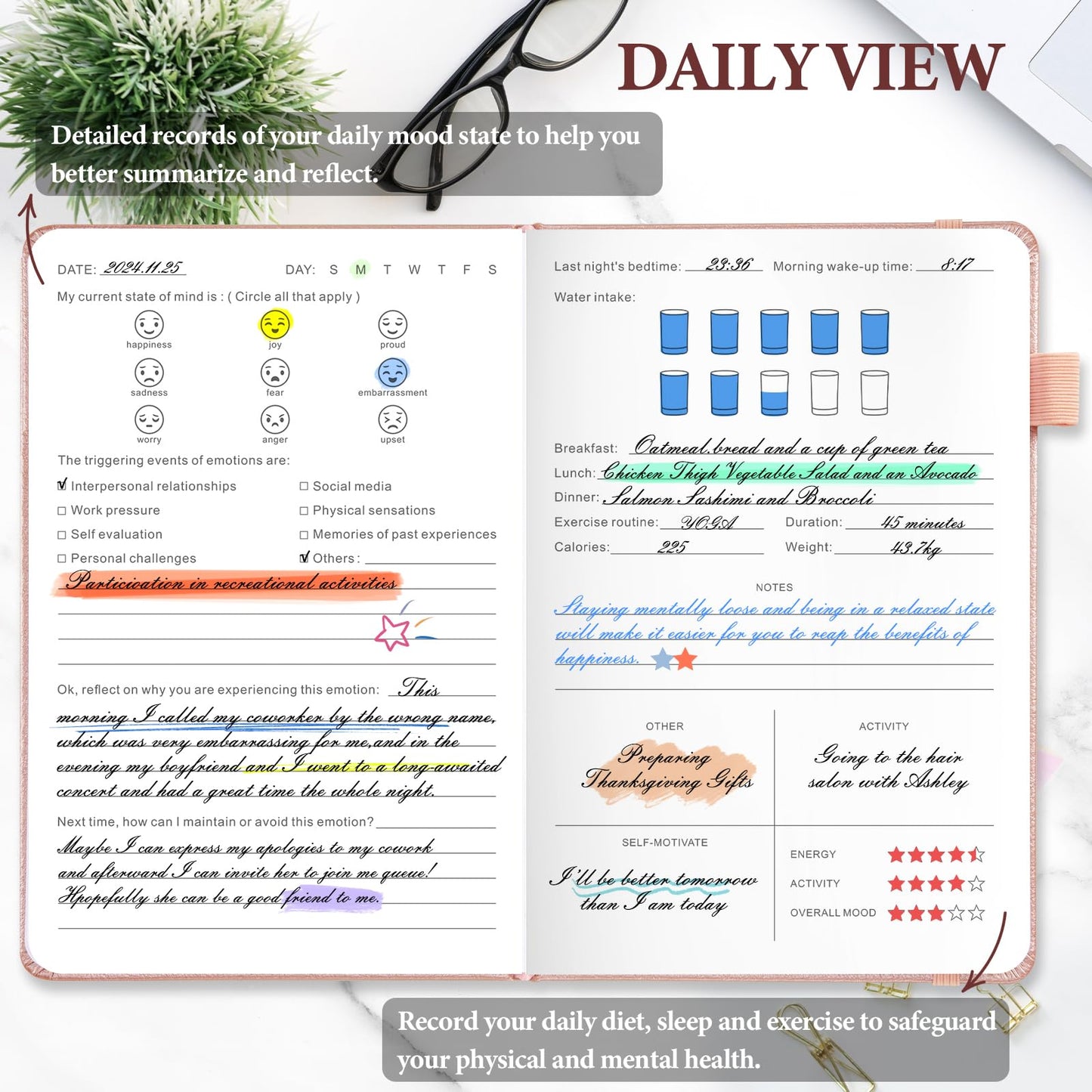 JUBTIC Mood Tracker Journal, Mental Health Journal for Women, 100-Day Self Care & Anxiety Journal with Wellness Tracker and Monthly Reflection, ADHD Planner to Practice Positive Thinking, Rose Gold