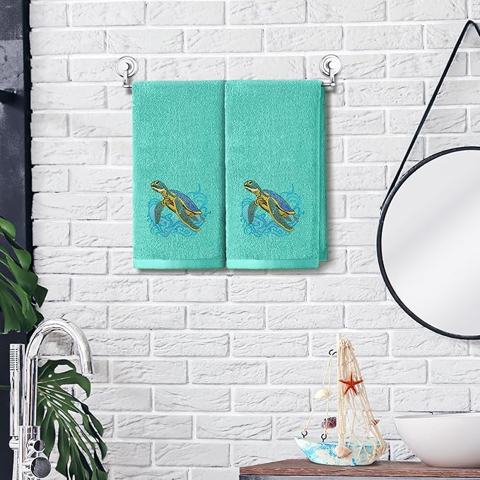 2 Pcs Sea Turtle Hand Towels Teal Bathroom Decor 14x29 Inch Embroidered 100%