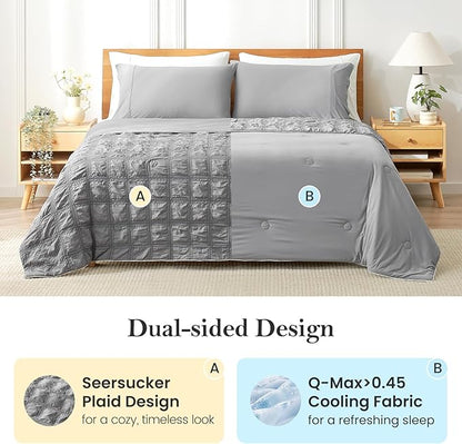 Cozy Bliss Cooling Comforter Twin Size Seersucker Plaid, Q-Max 0.4 Reversible Lightweight Cooling Blanket, Breathable Silk Smooth Summer Bedding Quilt for Hot Sleepers Night Sweats Dark Grey